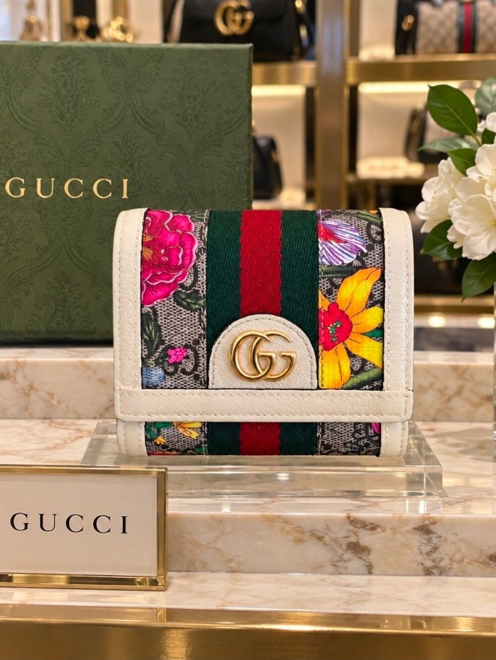 Gucci Flora Ophidia Supreme Wallet in Ivory with Green/Red Web